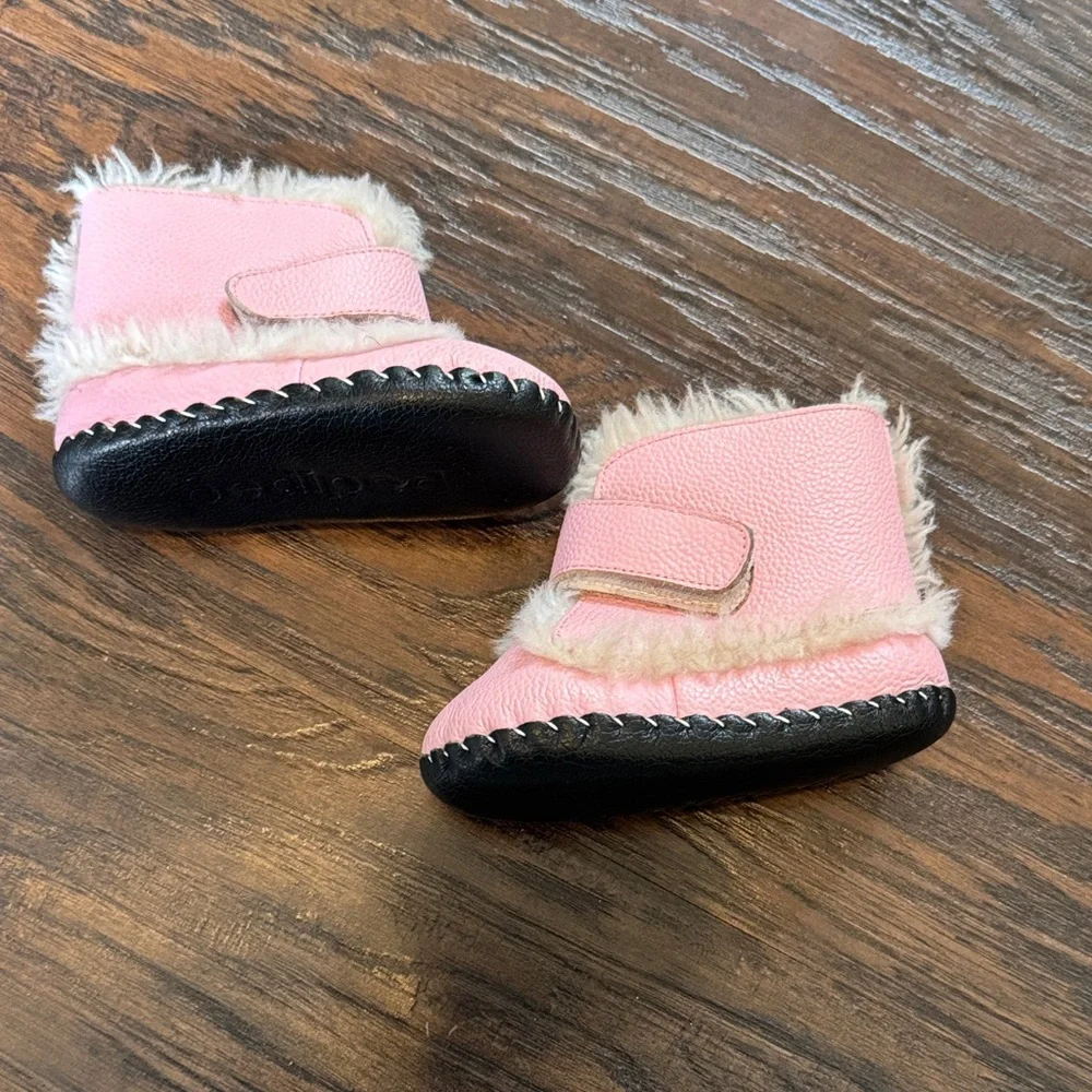 pediped Pink Faux-Fur Walker Booties with Black Soles